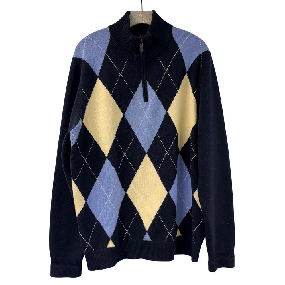 Brooks Brothers 100% Cashmere Sweater Argyle Scottish Pullover 1/4 Zip XL Blue
